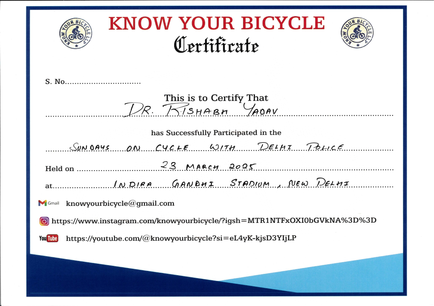Sundays on Cycle with Delhi Police Certificate