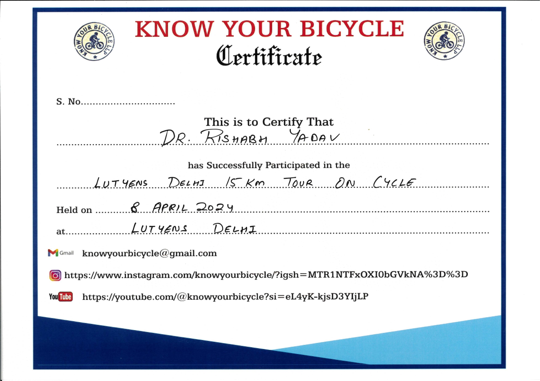 Lutyens Delhi 15 km tour Certificate