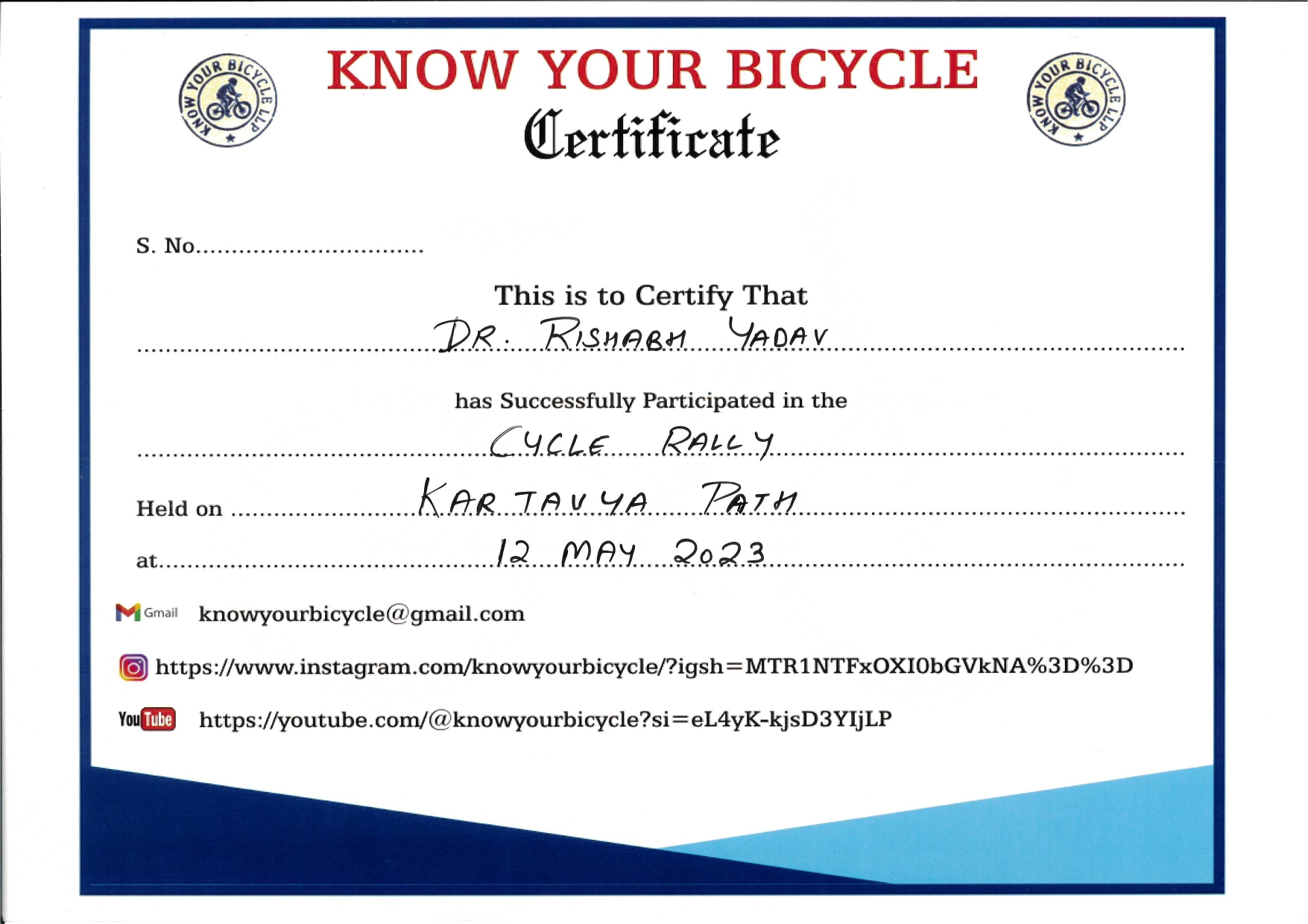 Cycle rally Certificate